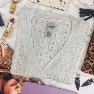 Chico’s Foiled Silver V-Neck Cable Knit Sweater